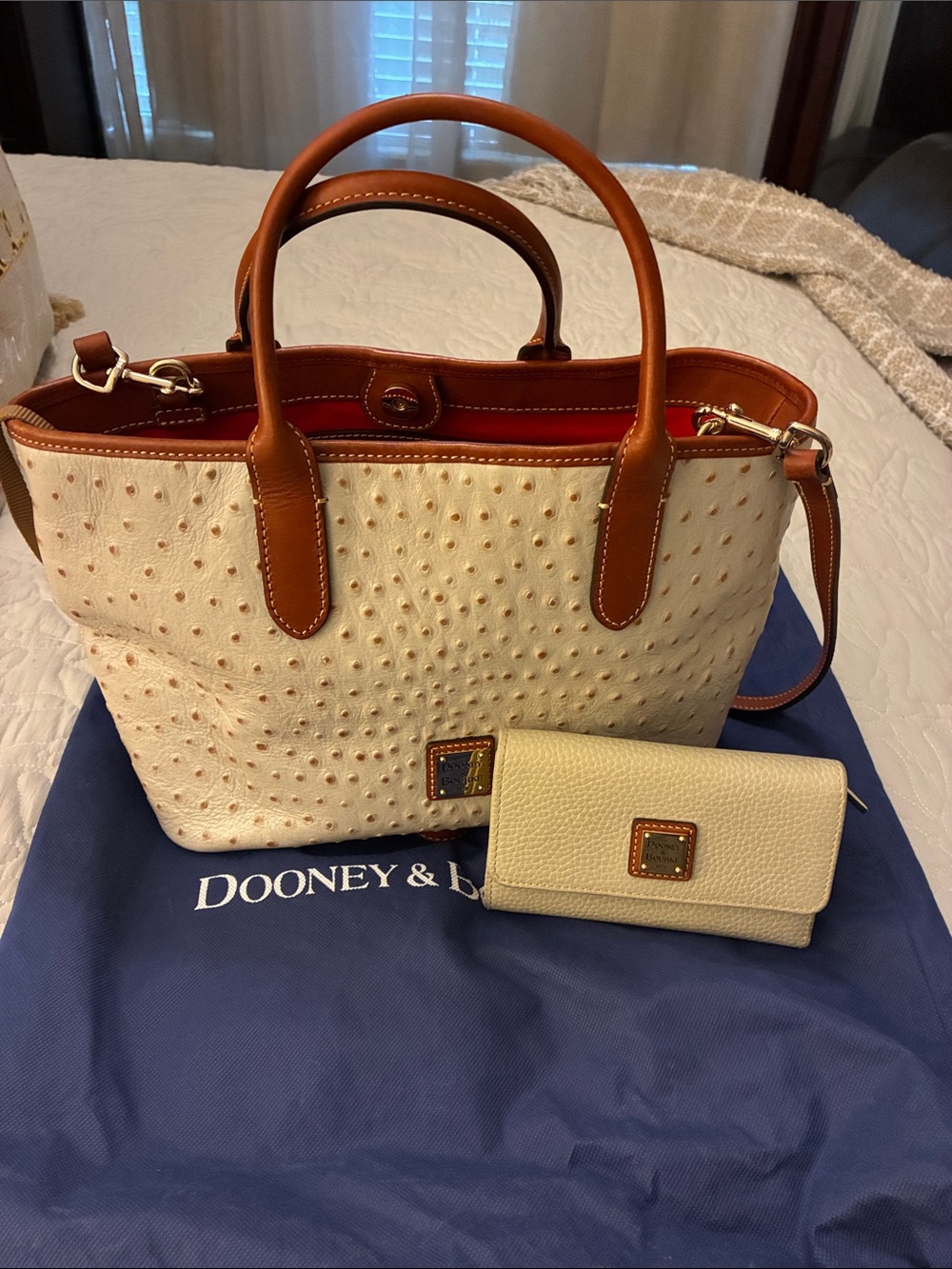 Dooney & Bourke Cream Ostrich-Embossed Tote with Tan Leather Trim